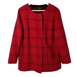 Talbots Jacket Size 14P 14 Petite Red Black Windowpane Plaid Zip Front Wool
